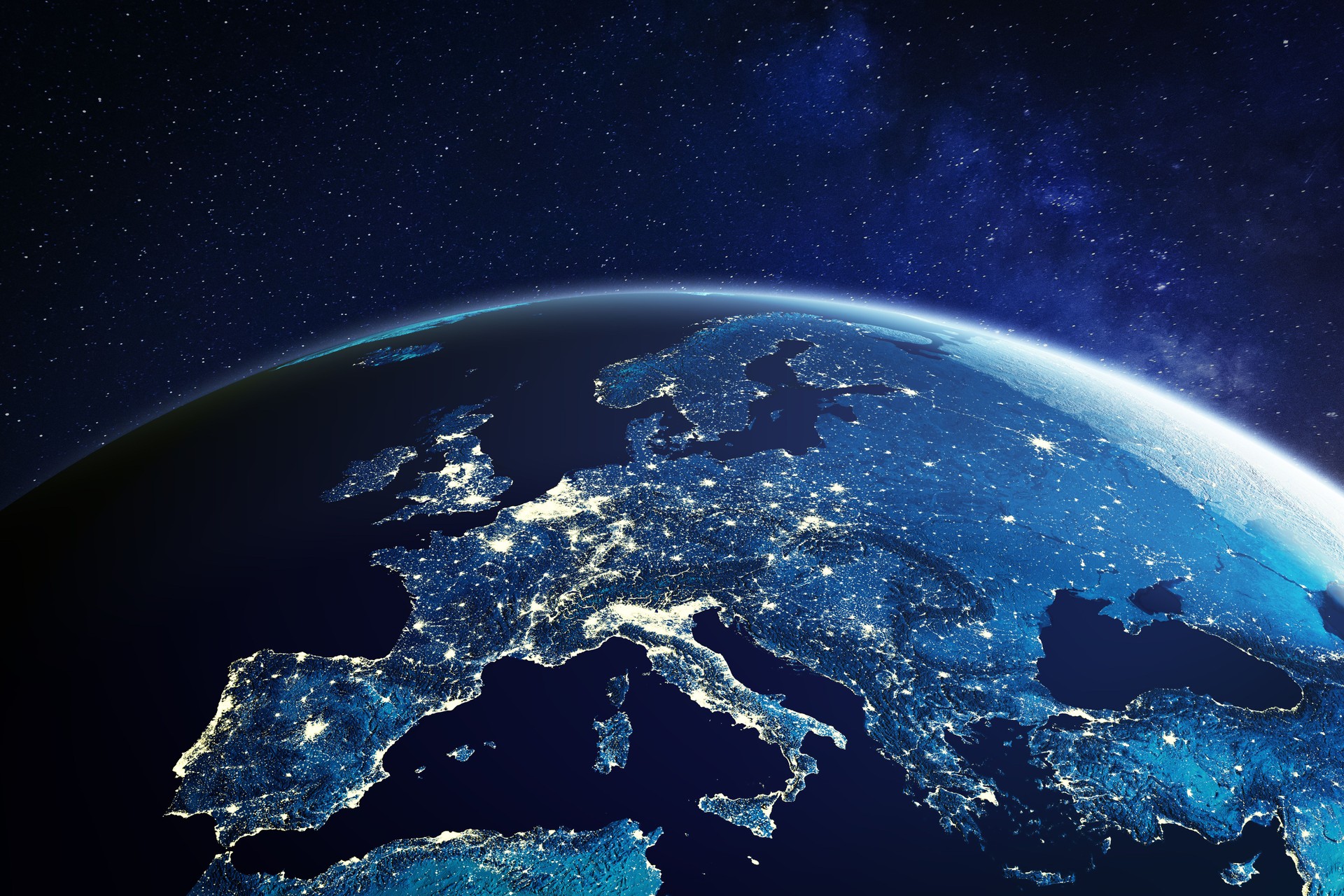 Europe from space at night with city lights showing European cities in Germany, France, Spain, Italy and United Kingdom (UK), global overview, 3d rendering of planet Earth, elements from NASA